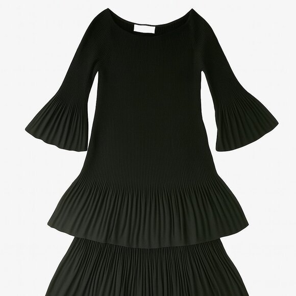 Adrienne Vittadini Black Tiered Midi Dress Pleated Bell Sleeves Size 10 Ribbed - Picture 1 of 16